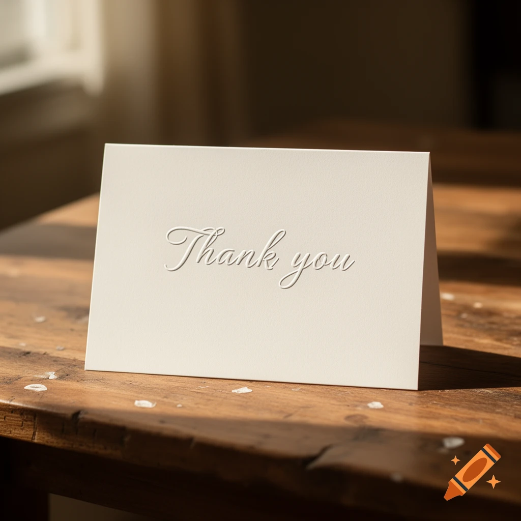 A beige thank you card with embossed script rests on a rustic wooden table, illuminated by soft light.
