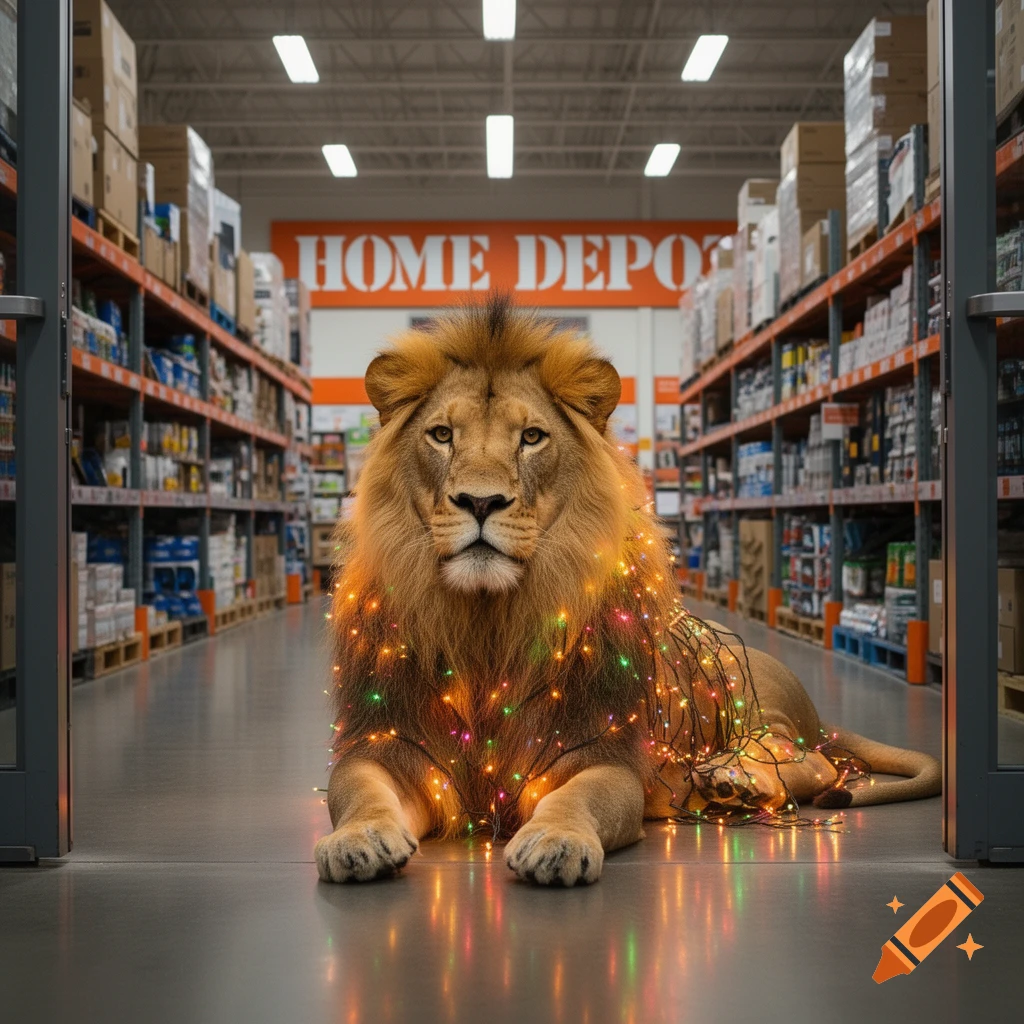 A majestic lion adorned with colorful Christmas lights lies on the floor of a Home Depot store.