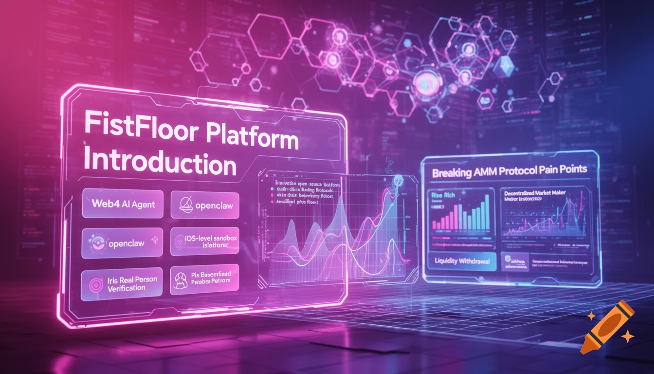 A glowing pink and blue futuristic holographic interface displaying charts, graphs, and text related to a 'FistFloor Platform Introduction' and 'Breaking AMM Protocol Pain Points' in a tech setting.
