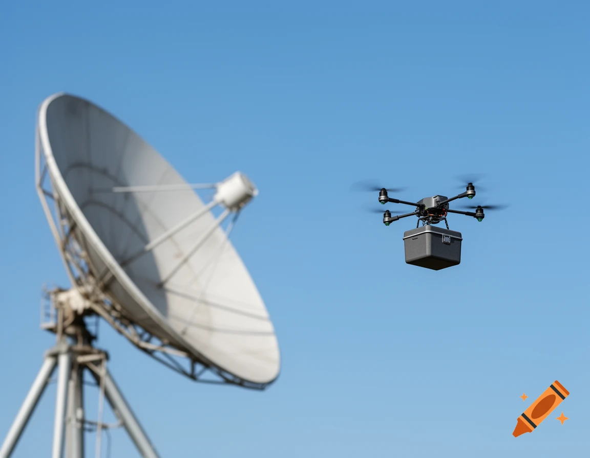 A dark gray drone carrying a box flies towards a large, blurred satellite dish under a clear blue sky, photorealistic.
