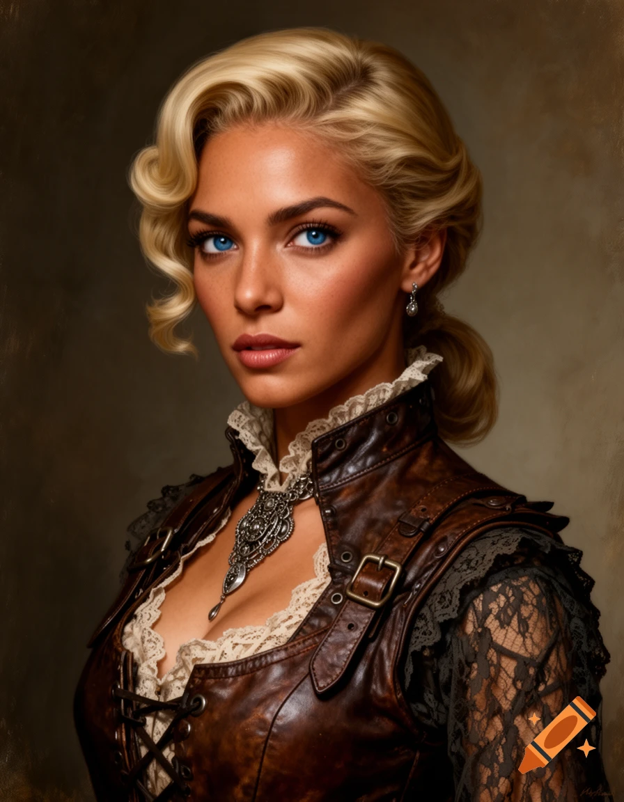Photorealistic portrait of a blonde woman with blue eyes, wearing a brown leather and lace steampunk top with a silver pendant.