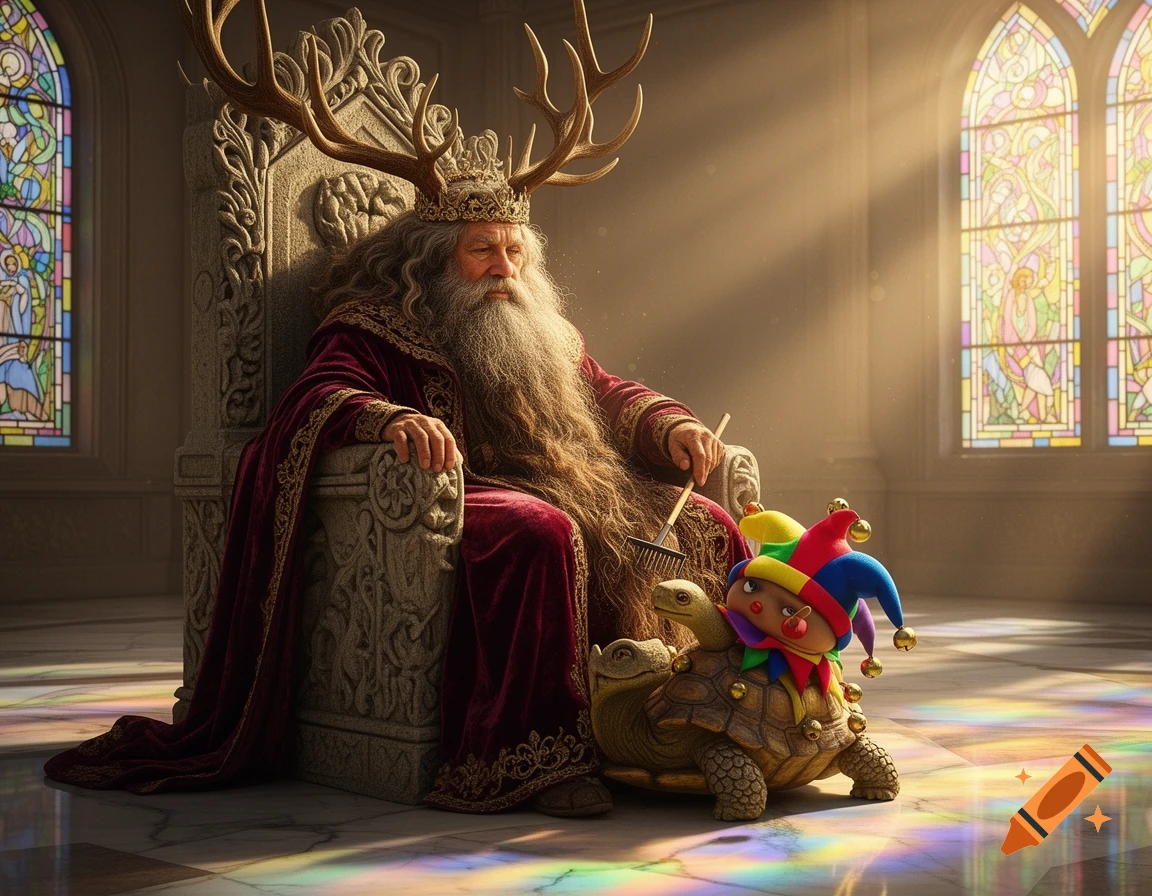 An antlered, bearded king on a stone throne, next to a jester turtle with a rake, bathed in colorful light from stained glass.