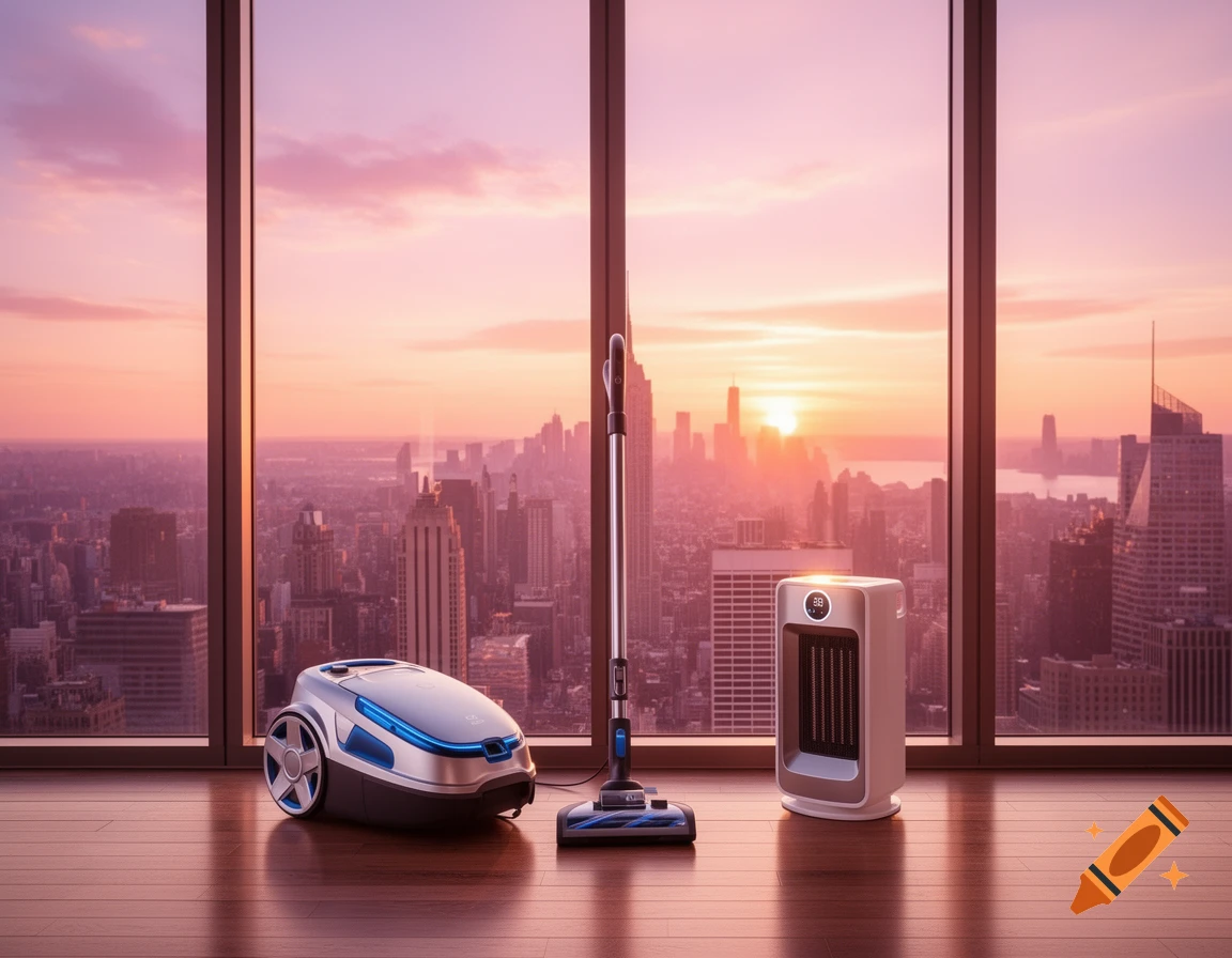 A modern vacuum cleaner and a white fan heater stand on a polished wooden floor, overlooking a city skyline at sunset through large windows.
