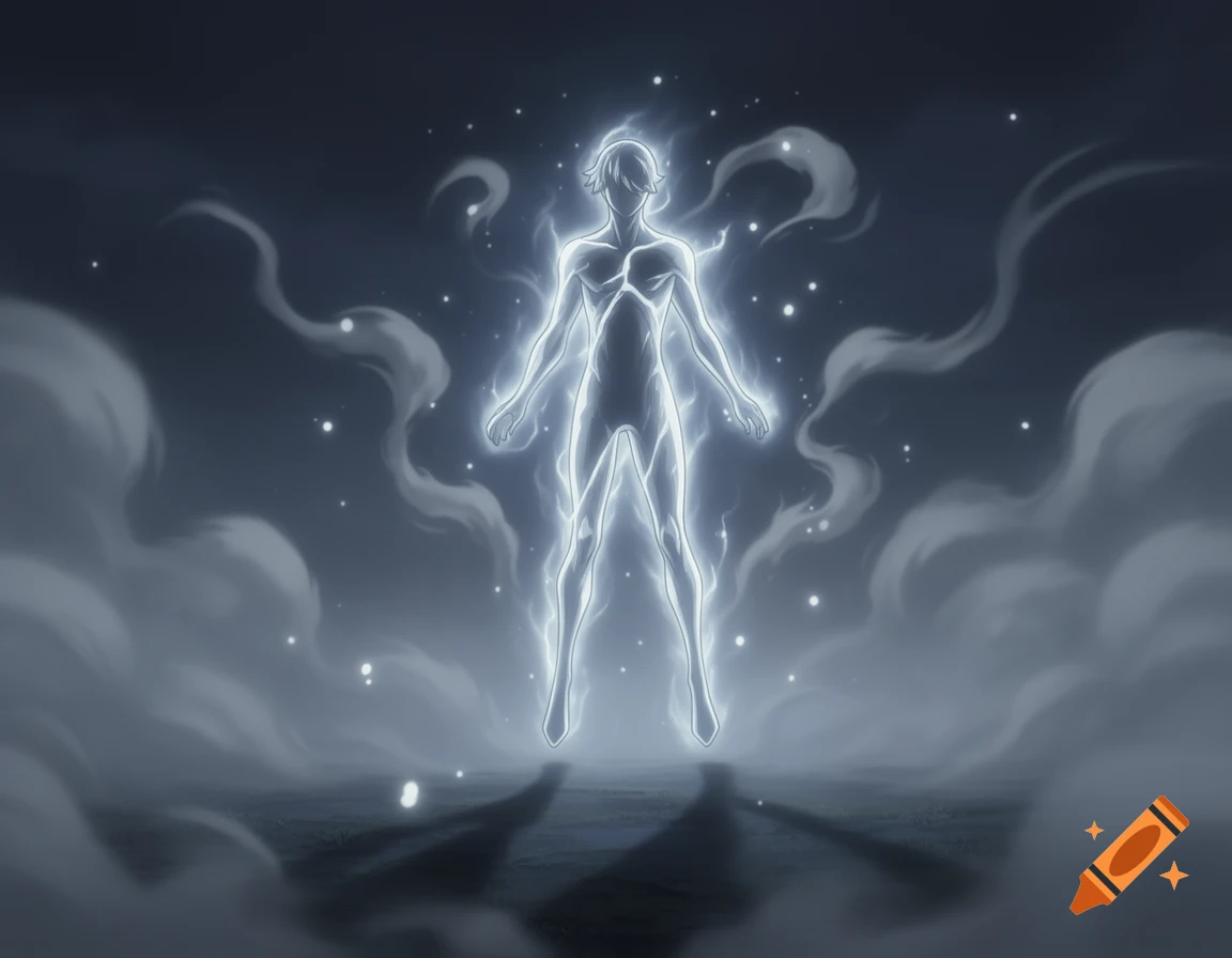 A glowing, ethereal humanoid figure floats amidst swirling mist and clouds against a dark background in an anime style.