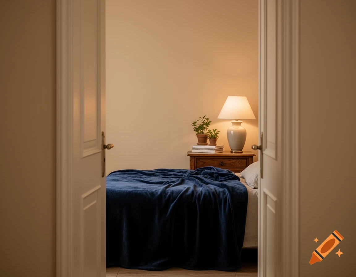 View through a half-open white door into a bedroom with a blue blanket on the bed, a nightstand, and a lit lamp.
