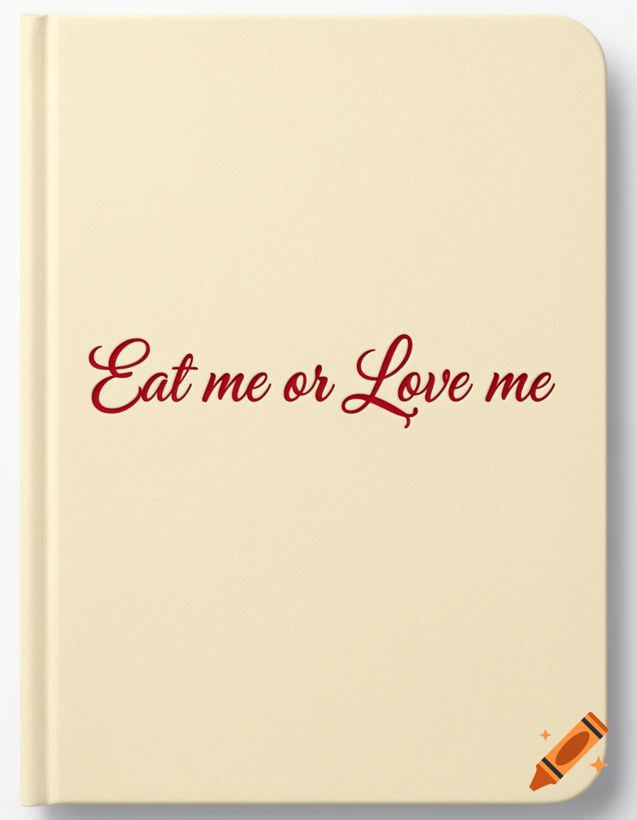 A cream-colored notebook cover with the elegant red script text 'Eat me or Love me' centrally placed.