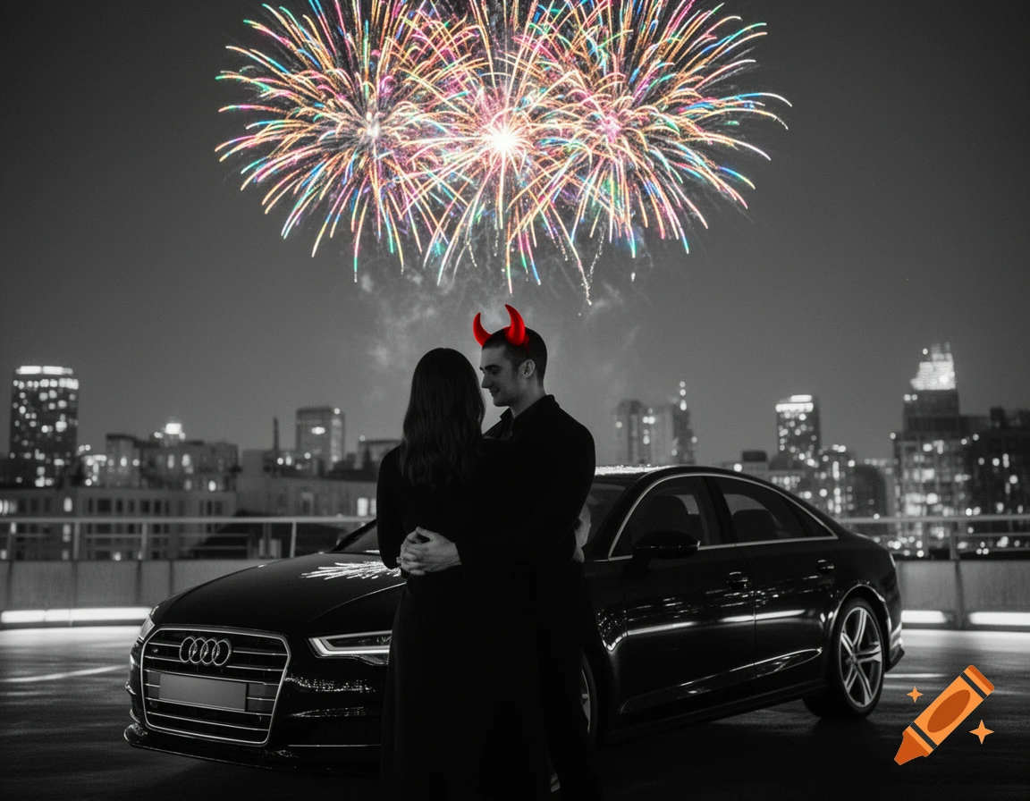 A couple embraces in front of a black Audi under colorful fireworks, with the man wearing red devil horns, in a selective color night scene.