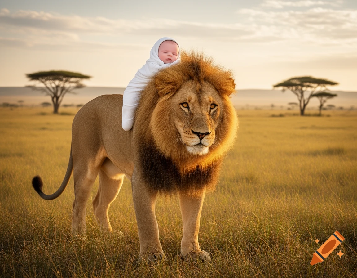 A sleeping baby in white clothes rides on the back of a majestic lion in a sunlit African savanna.