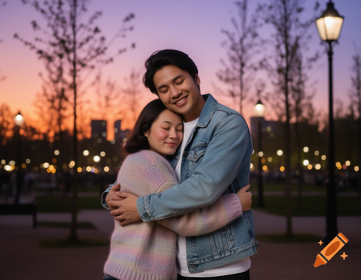 A smiling couple embracing in a park at sunset, with city lights in the blurred background.