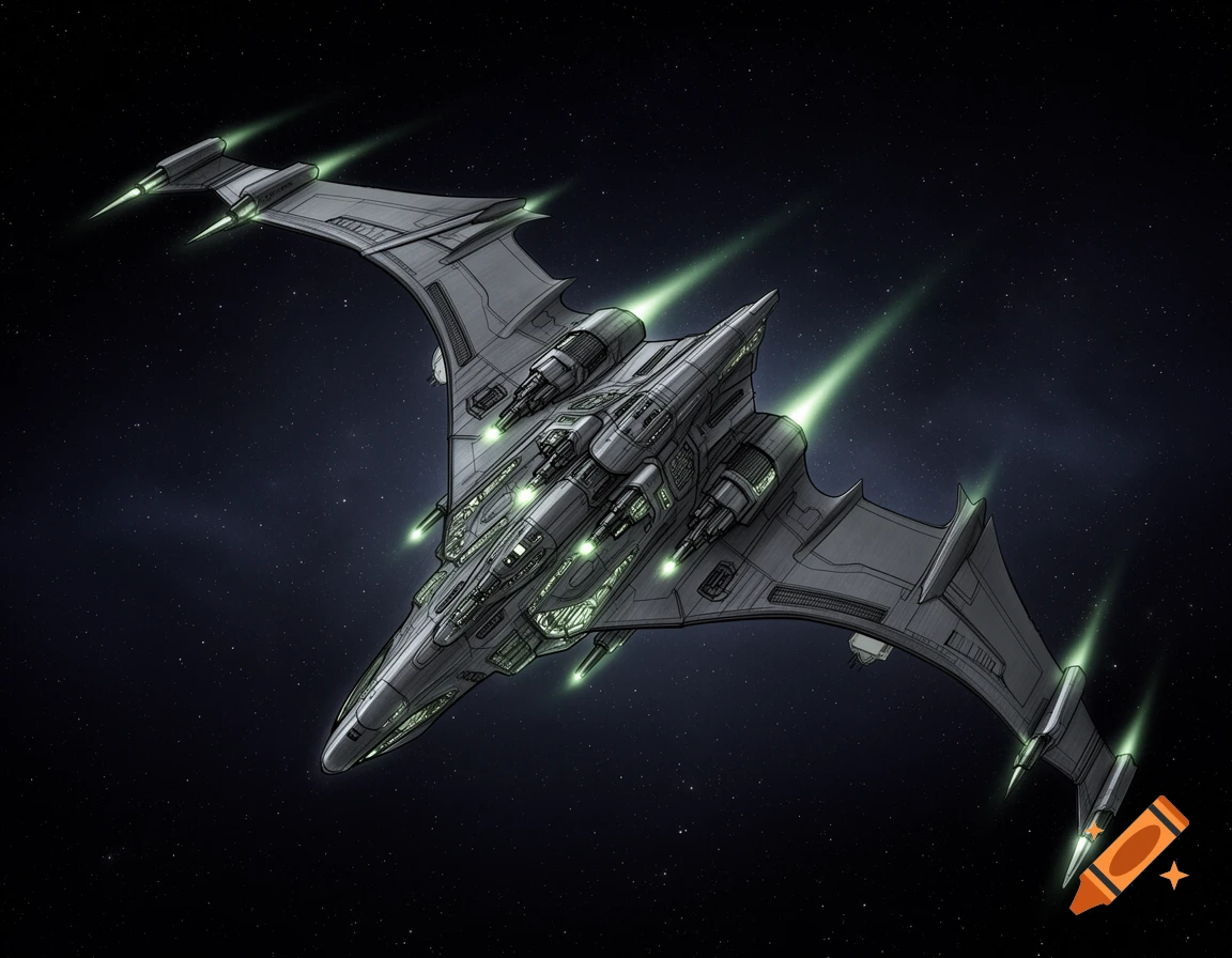 A detailed, stylized gray spaceship with wide wings and glowing green thrusters flies through a starry night sky.