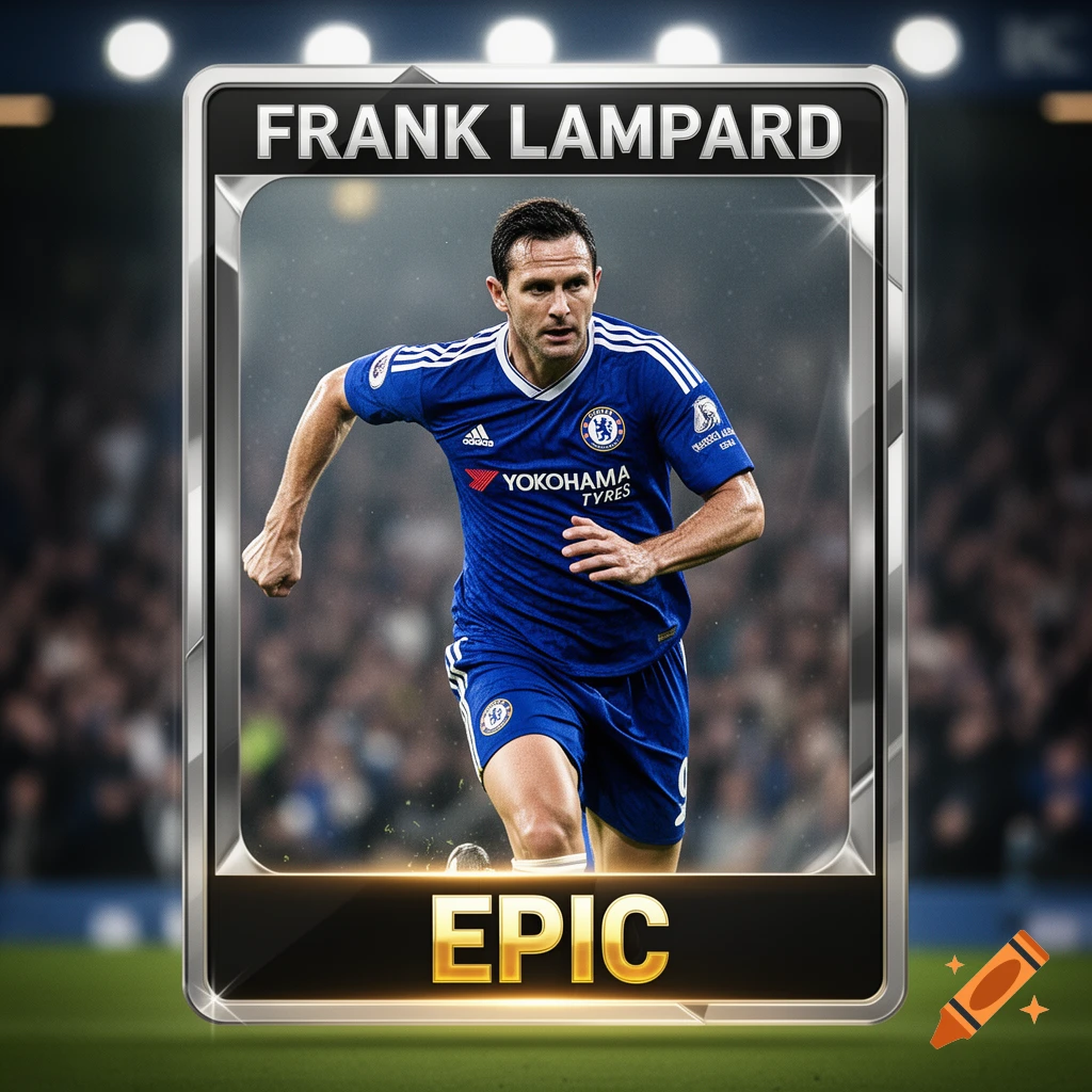 Photorealistic image of soccer player Frank Lampard in a blue Chelsea FC jersey, running on a pitch, on an 'EPIC' trading card.