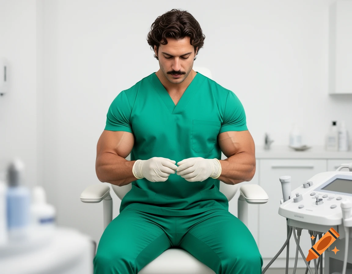 Muscular doctor with a mustache in green scrubs and ivory gloves sits looking down in a brightly lit medical clinic.