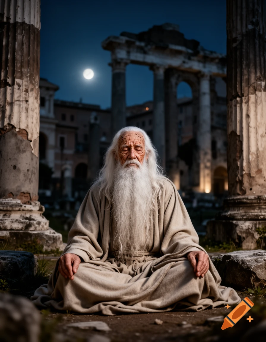 An old man with a long white beard meditates amidst ancient Roman ruins under a full moon at night.