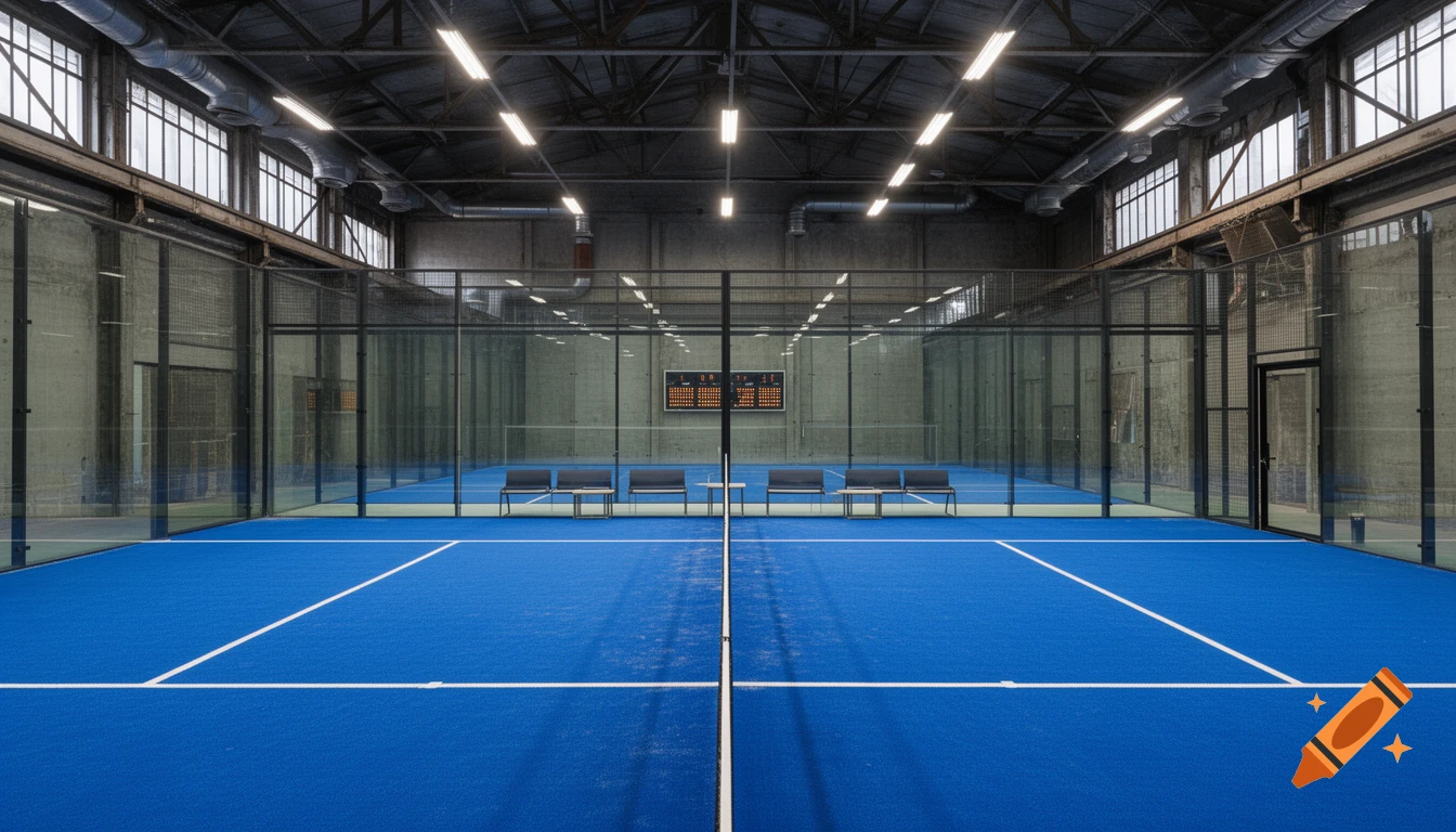 A bright blue padel court with white lines inside a high-ceiling industrial hall with concrete walls, large windows, and a scoreboard.