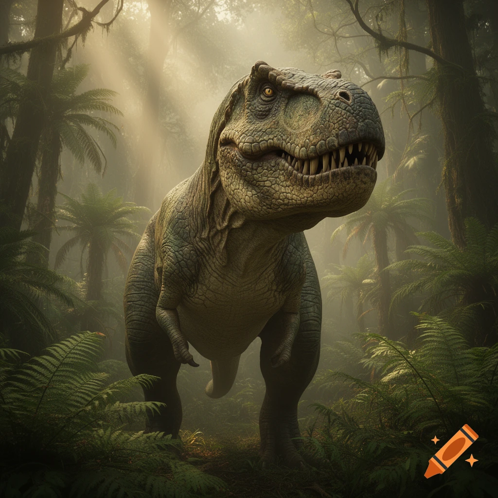 A photorealistic Tyrannosaurus Rex stands in a misty, sunlit jungle with ferns and trees.