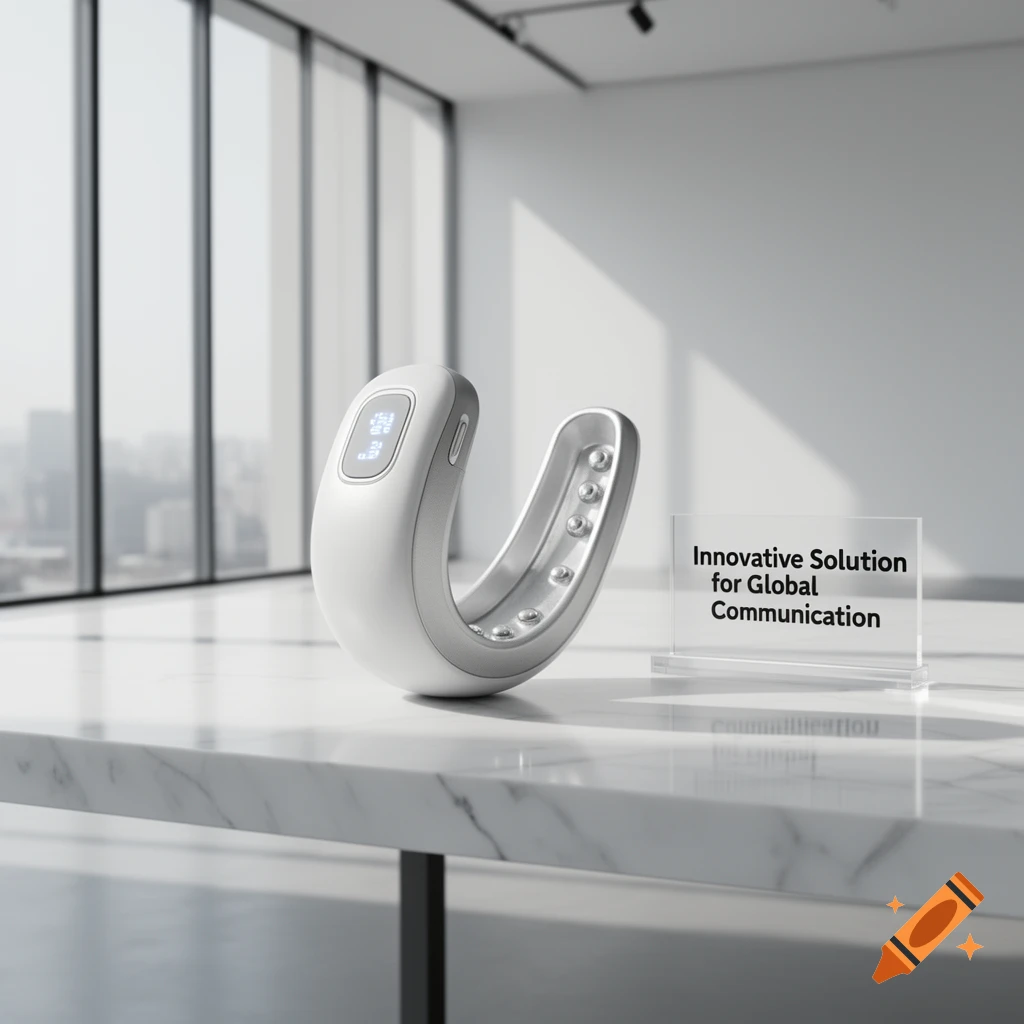 A sleek white and silver U-shaped electronic device on a marble table in a modern office, with a sign reading 'Innovative Solution for Global Communication'.
