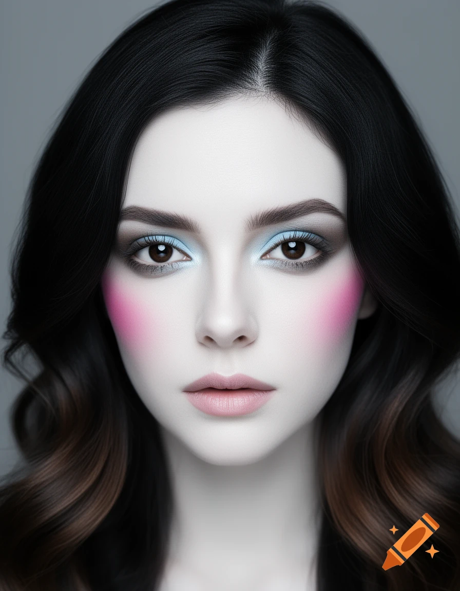 Close-up portrait of a woman with dark hair, light blue eyeshadow, and fuchsia blush, against a gray background.