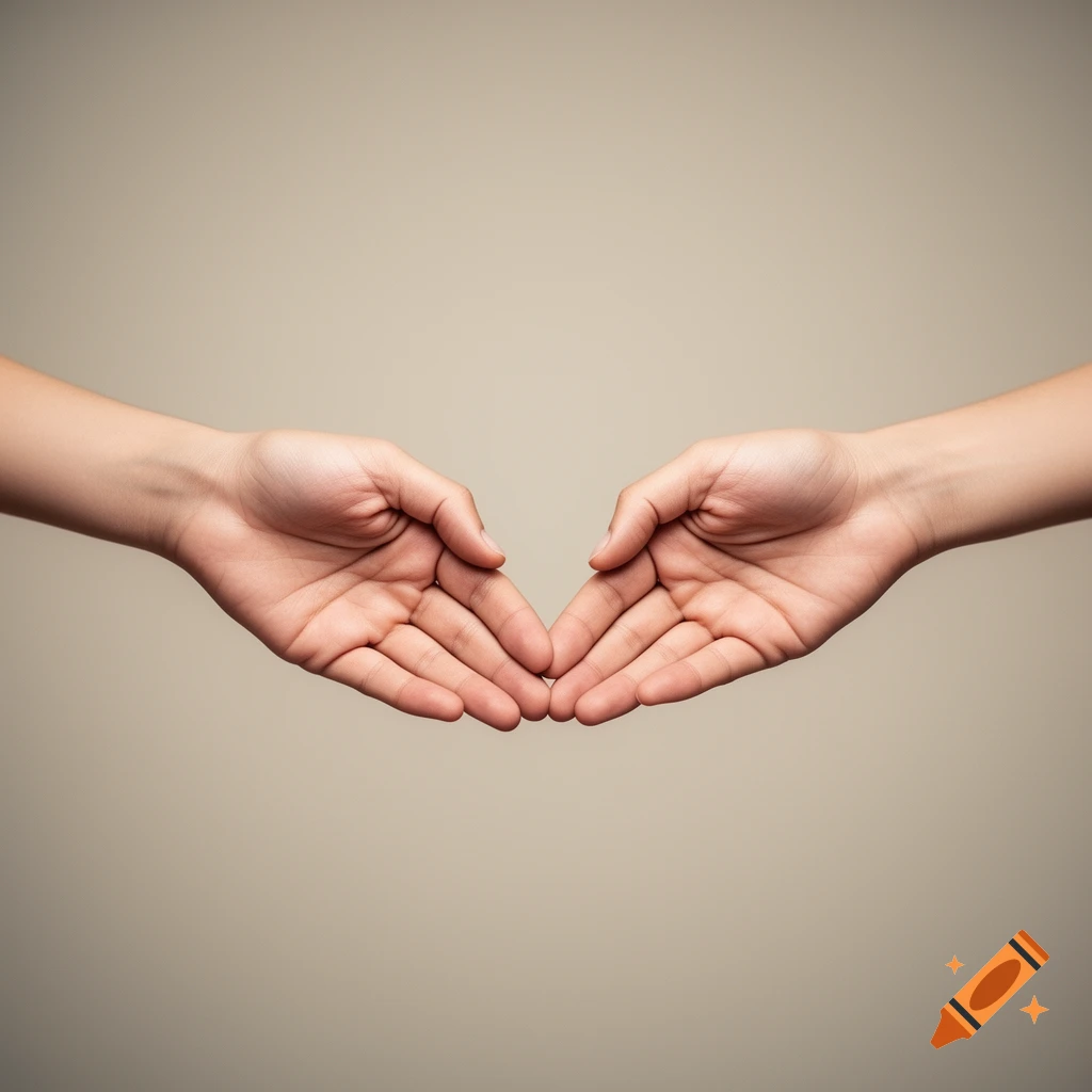Two hands with open palms facing each other, fingers extended, with their little fingers touching, on a neutral background.