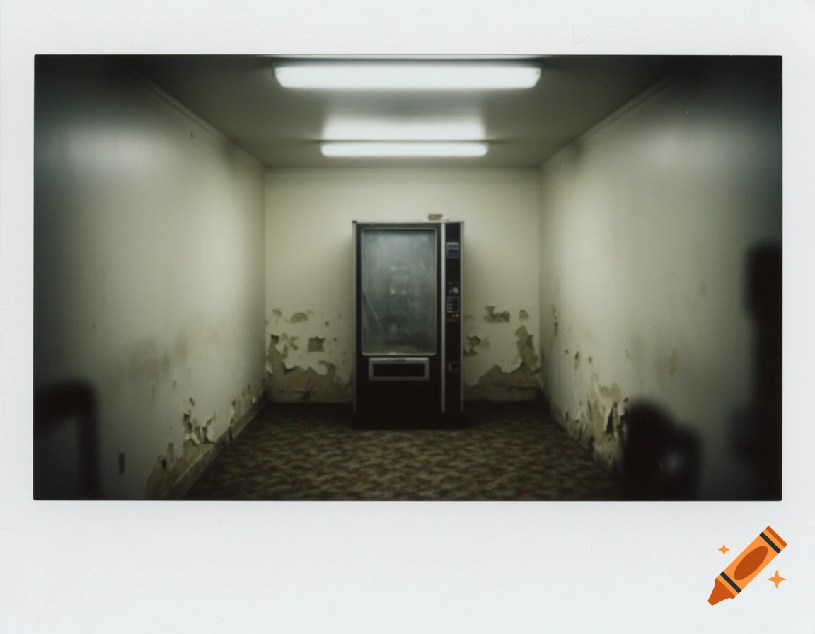 A polaroid photo of a dimly lit, empty liminal room with peeling white walls, a patterned carpet, and a dark vending machine in the center.