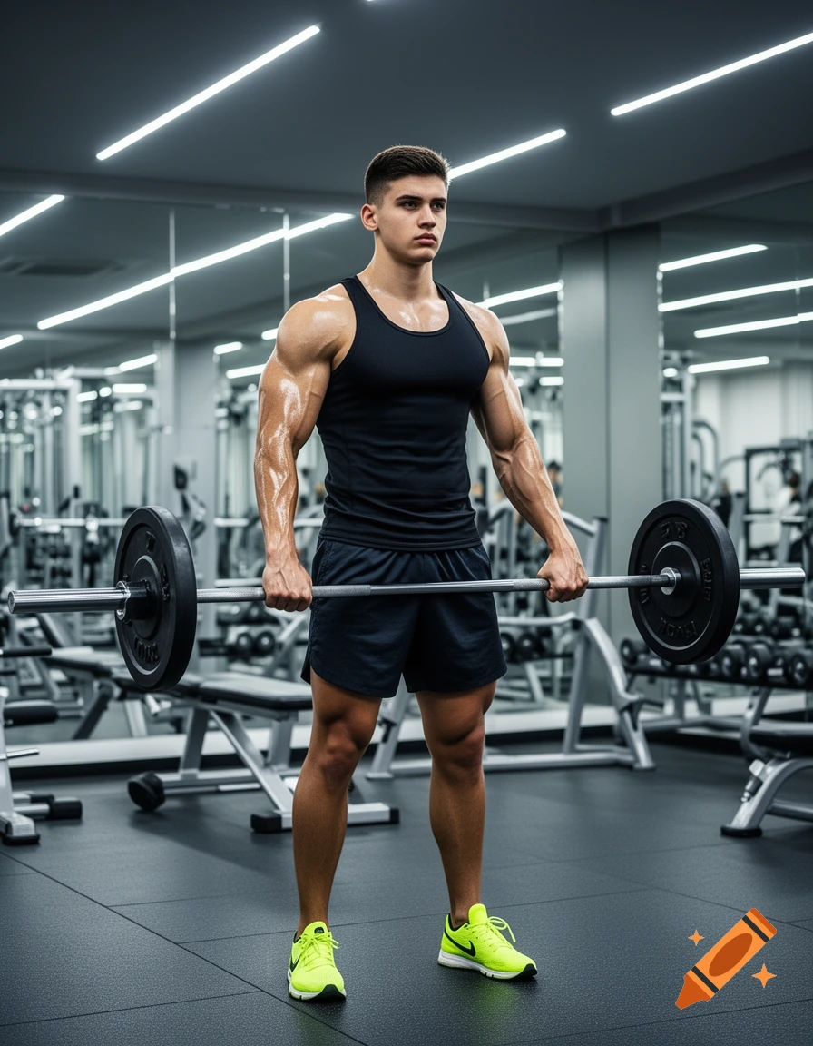 A muscled young man in a black tank top and shorts stands with a barbell in a modern gym, looking focused.