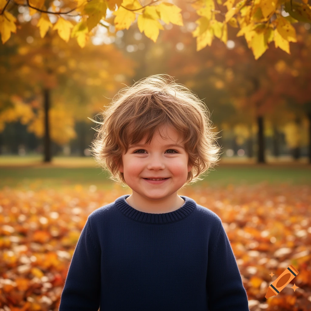 A smiling child with curly brown hair in a blue sweater stands in an autumn park filled with fallen orange leaves.