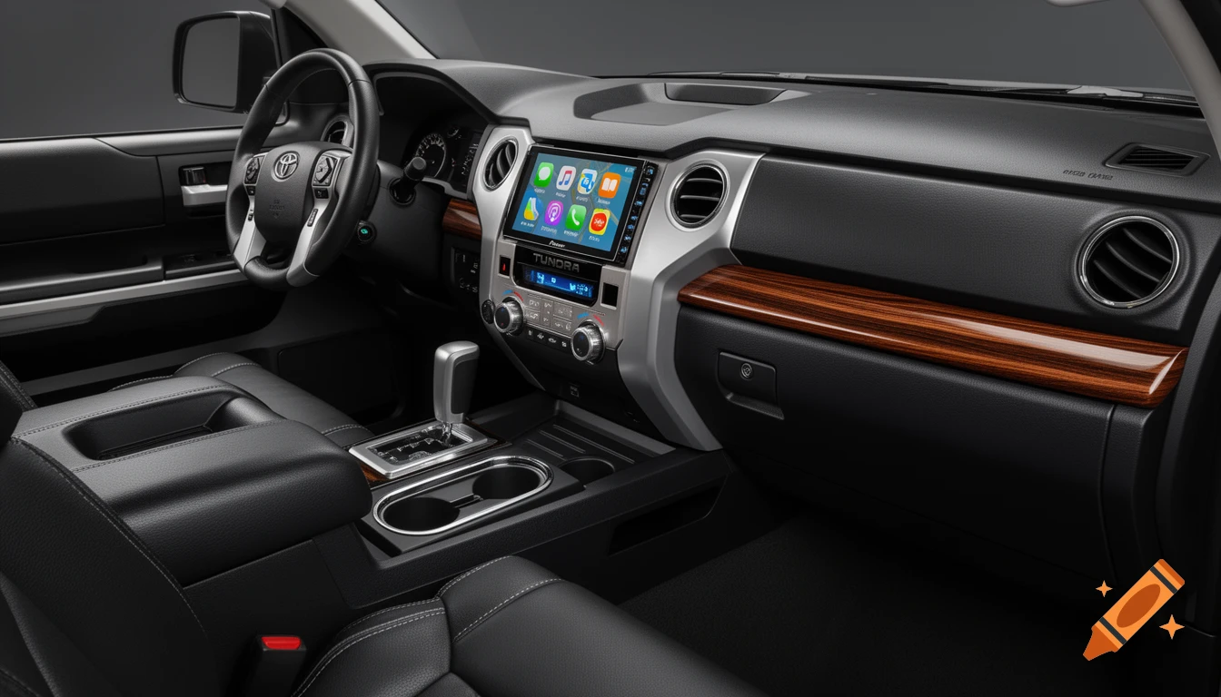 Photorealistic interior view of a black Toyota Tundra dashboard with wood trim, featuring a Pioneer touchscreen head unit displaying Apple CarPlay.