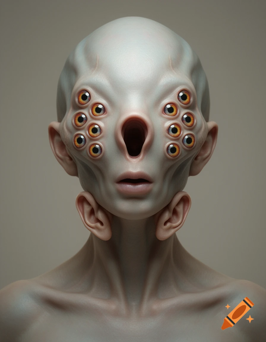 Close-up of a pale, hairless alien with ten eyes on its cheeks, a large nose-hole, lips below it, and ears under its chin. Photorealistic sci-fi concept.