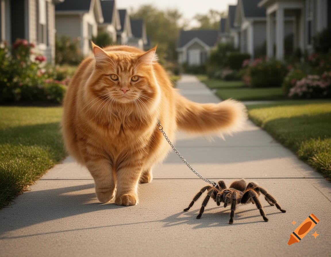 A giant fluffy orange cat walks a tarantula on a leash down a sunlit suburban sidewalk.