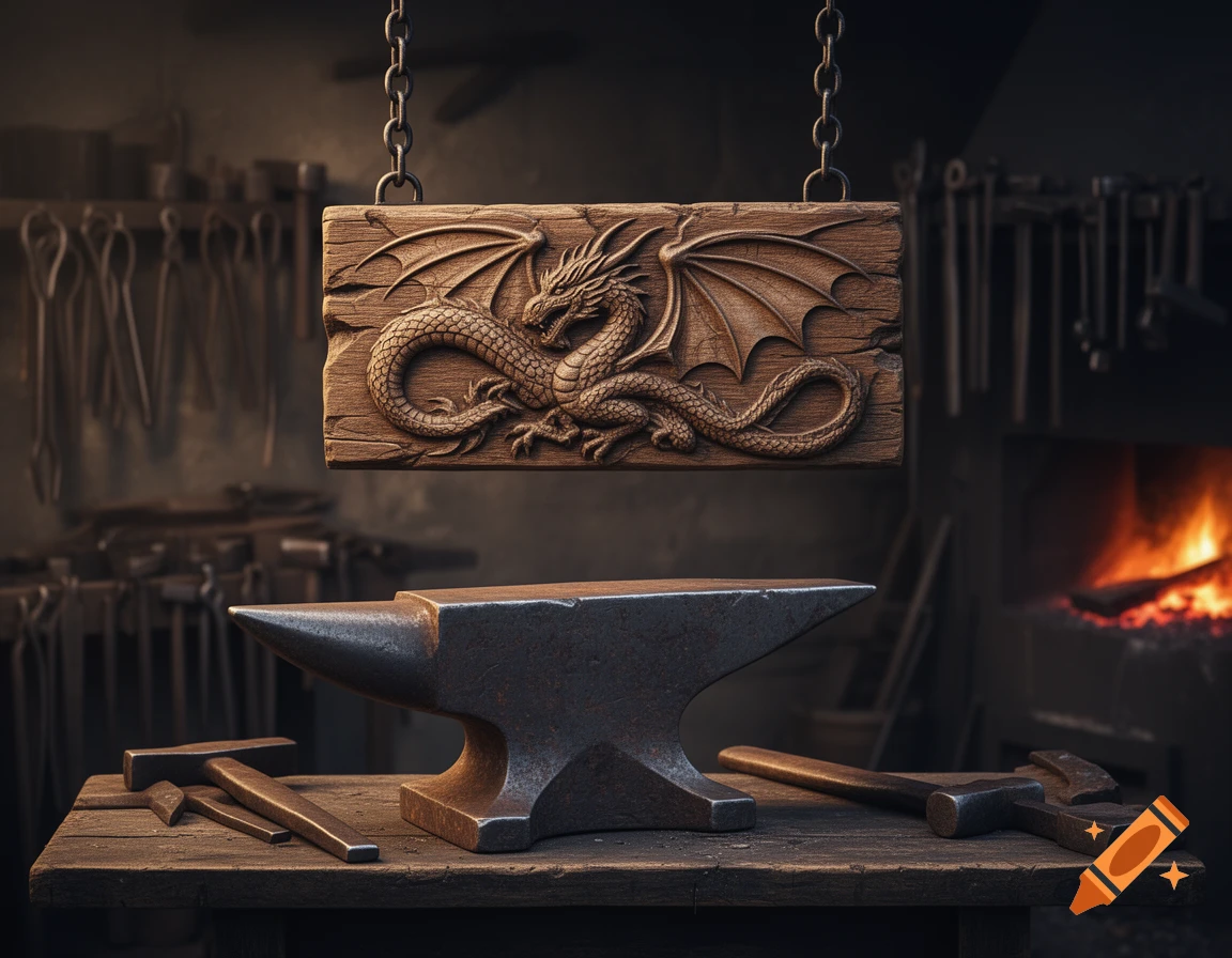 A wooden sign with a carved dragon hangs above an anvil and tools in a rustic blacksmith's shop with a glowing forge.