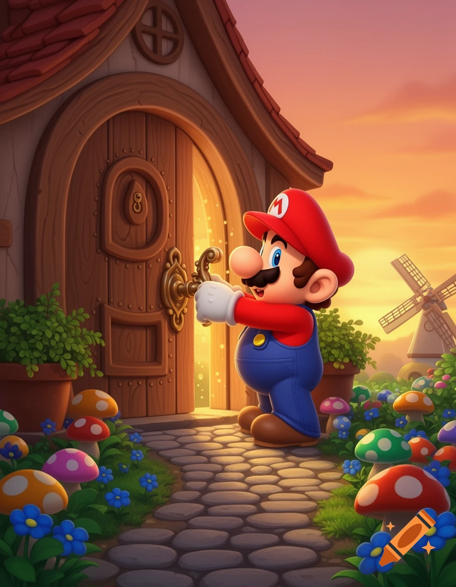 Mario in his iconic outfit tries to open a rustic wooden door on a charming house, surrounded by colorful mushrooms and flowers at sunset.