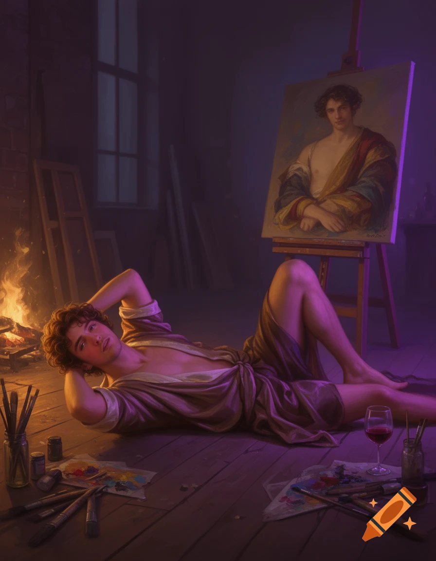 An androgynous man with curly hair sprawled on a wooden floor in an artist's loft, lit by firelight and purple glow. He wears a loose robe, surrounded by art supplies, with his portrait on an easel. Artistic and intimate.