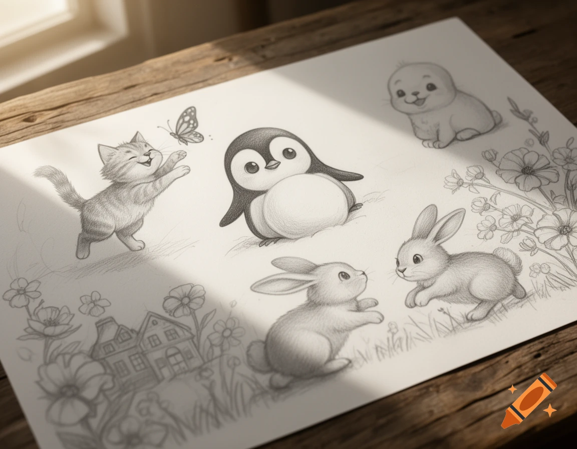 A paper featuring cute pencil drawings of a cat, penguin, baby seal, and two rabbits, with flowers and houses in the background.