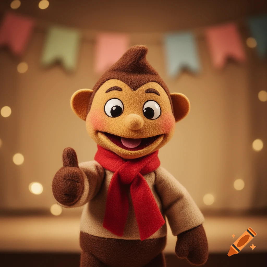 A friendly brown and tan monkey puppet wearing a red scarf gives a thumbs-up in front of blurred party banners and lights.