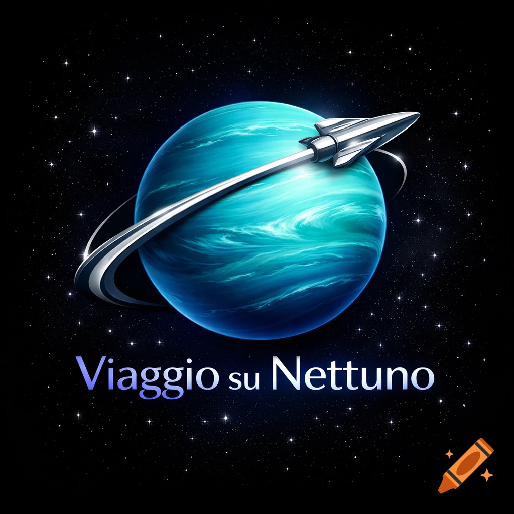 Stylized logo of a blue planet (Neptune) with rings, a silver rocket flying past it, and text 'Viaggio su Nettuno' against a starry background.