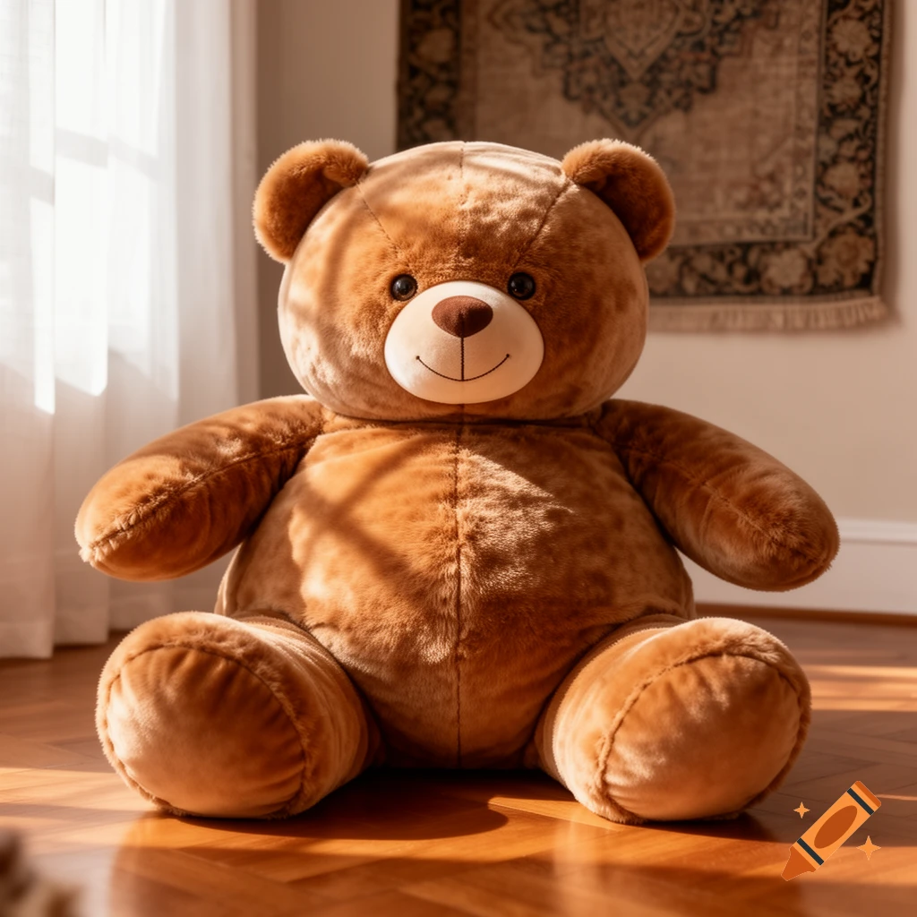 A large, fluffy brown teddy bear sits on a sunlit wooden floor in a room with a patterned rug.