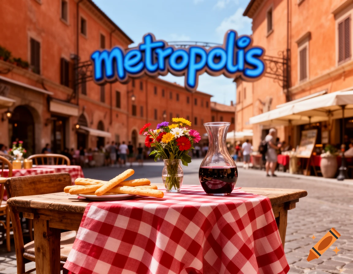 A table with a red and white checkered tablecloth, breadsticks, flowers, and wine sits in front of an Italian street cafe with a 'metropolis' sign.