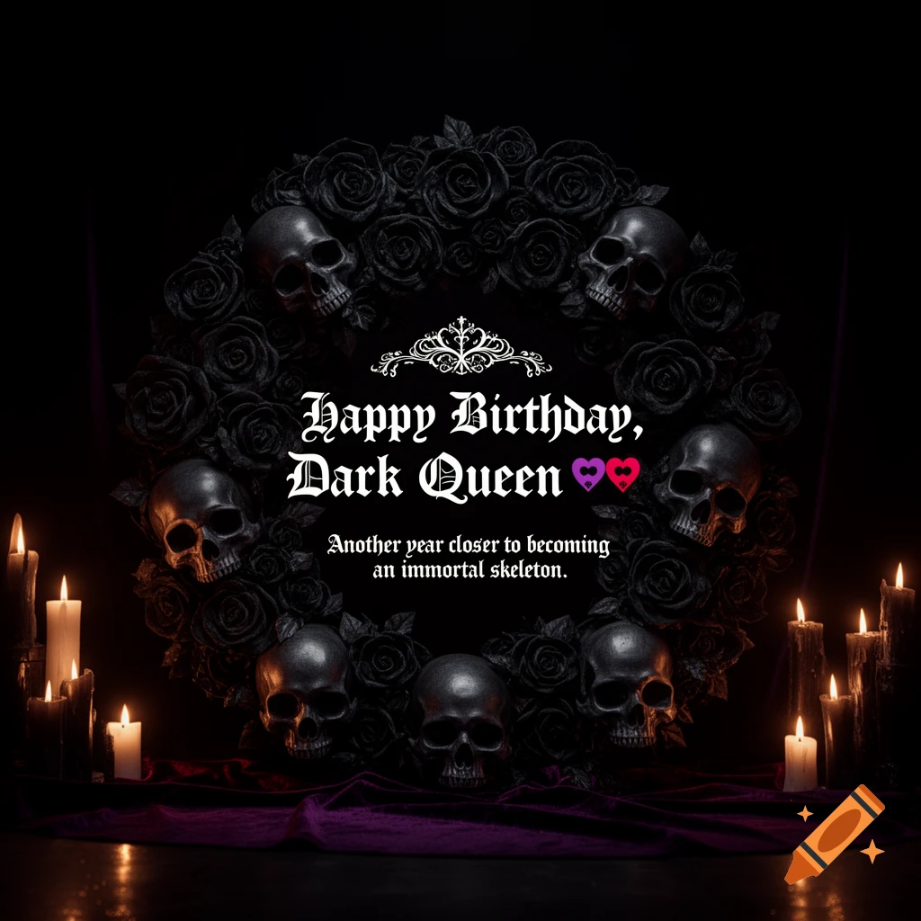 A gothic birthday greeting features a wreath of black roses and skulls, glowing candles, and text that reads, "Happy Birthday, Dark Queen" and "Another year closer to becoming an immortal skeleton."