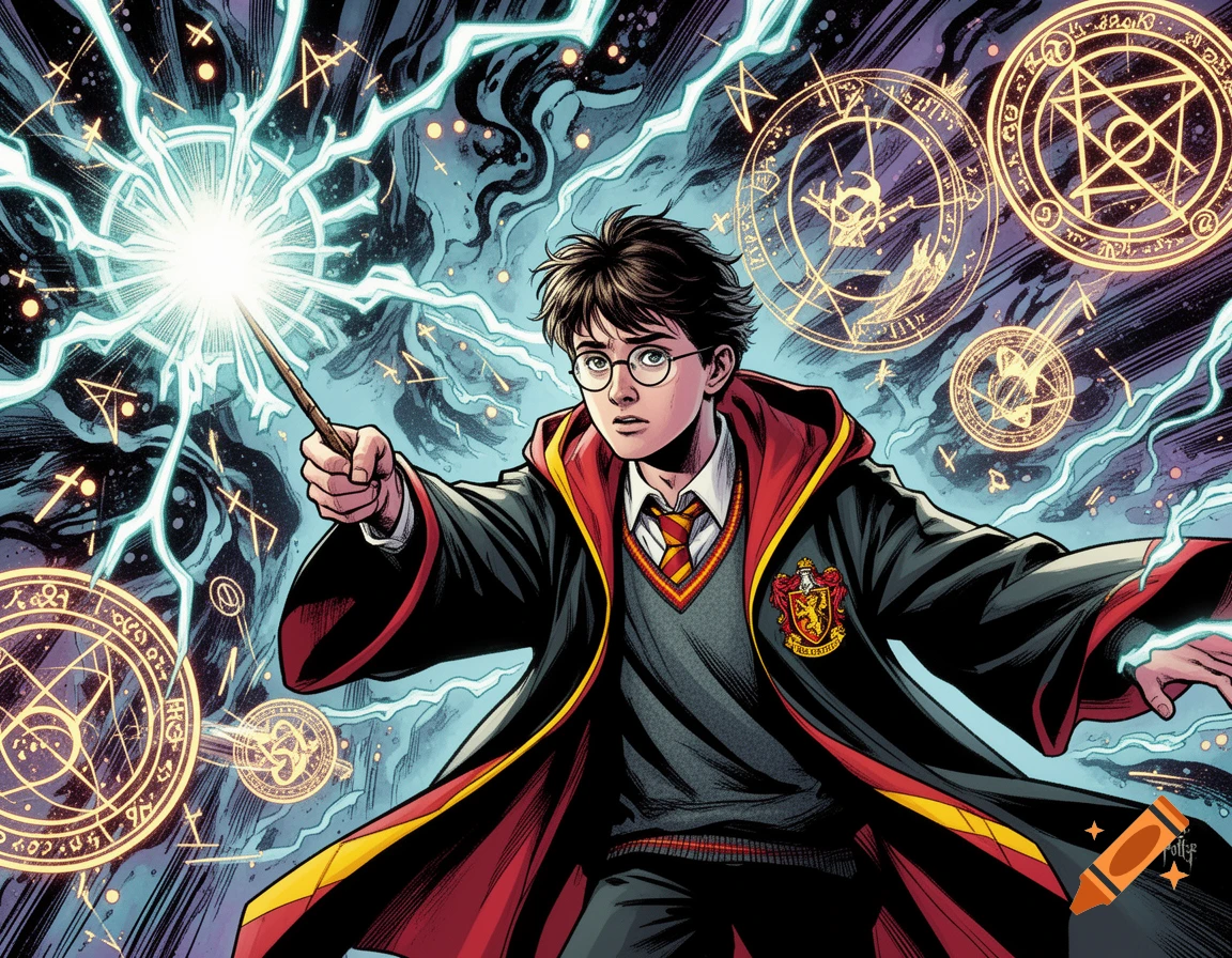 Harry Potter in comic book style, wielding a glowing wand amidst electrical energy and magical symbols.