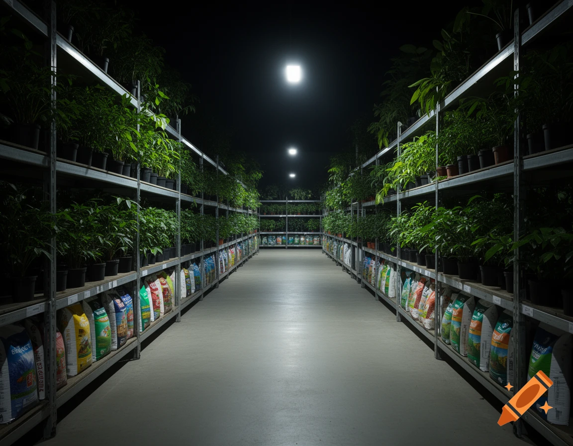 A long aisle in a dark garden depot, lined with shelves of potted plants and colorful bags of fertilizer, illuminated by overhead lights.