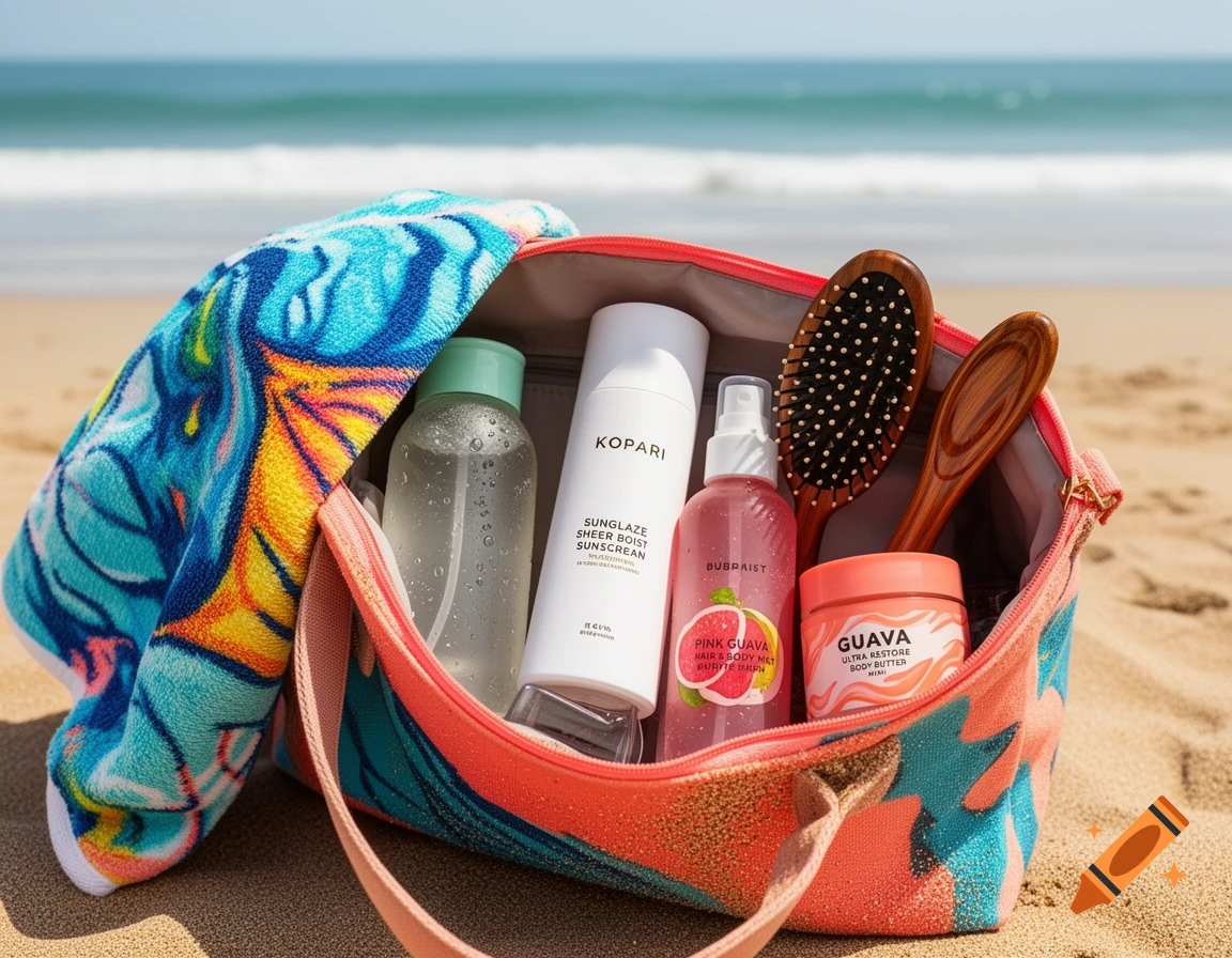 A colorful beach bag filled with various beauty products, a water bottle, and hairbrushes, sitting on sandy beach with the ocean in the background.
