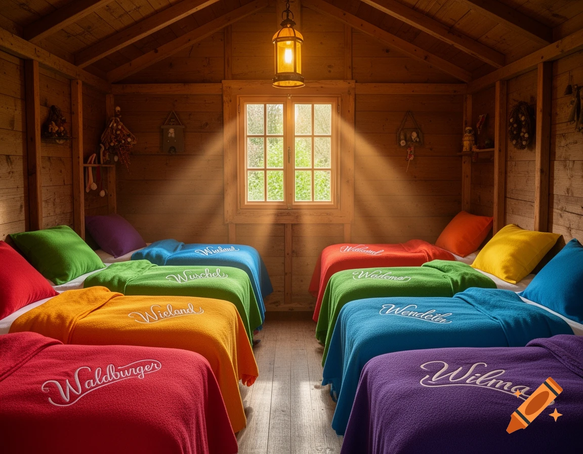 Cozy wooden cabin interior with seven beds, each featuring rainbow-colored blankets with embroidered names, under sunlight streaming through a window.