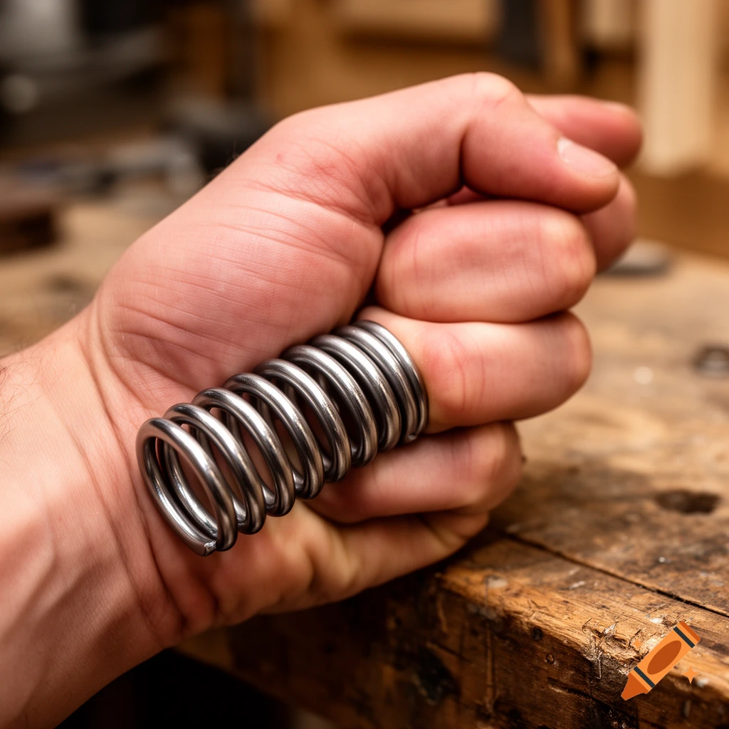 A person's hand tightly gripping a metal spring over a worn wooden workbench, photorealistic.