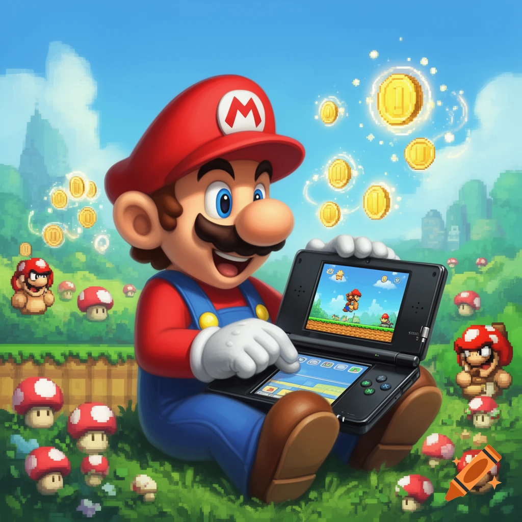 Stylized image of Mario sitting in a pixelated field, playing a Nintendo DS, with coins and mushrooms around him.