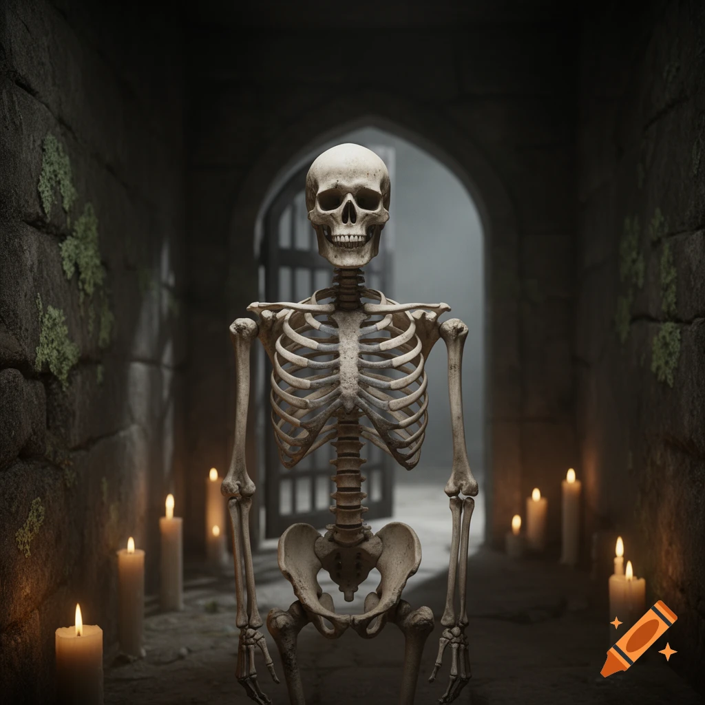 A skeleton stands in a dark, stone dungeon with glowing candles, an archway visible in the background.
