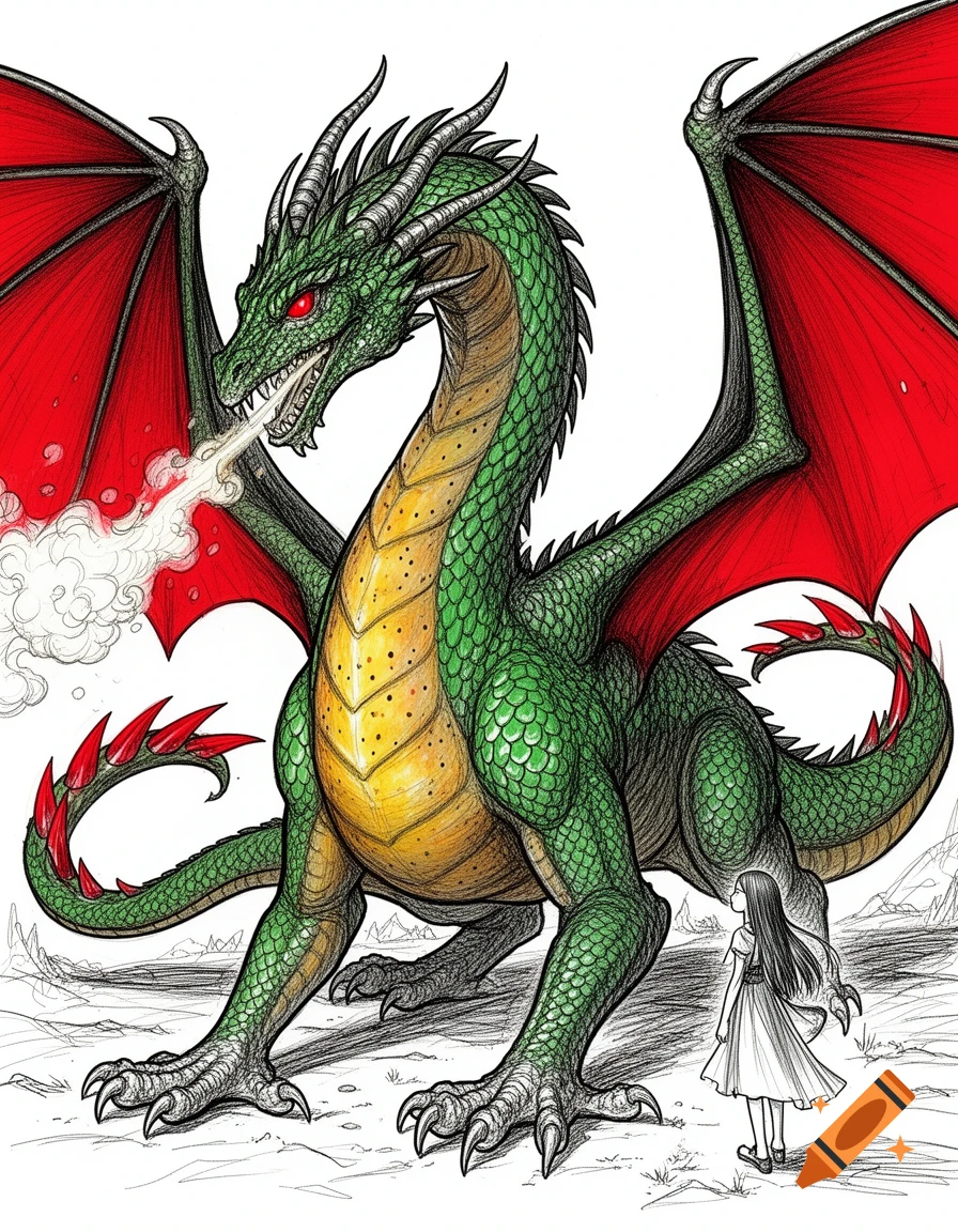 A green dragon with red wings and a yellow belly breathes fire as a small girl stands before it in a colored sketch.
