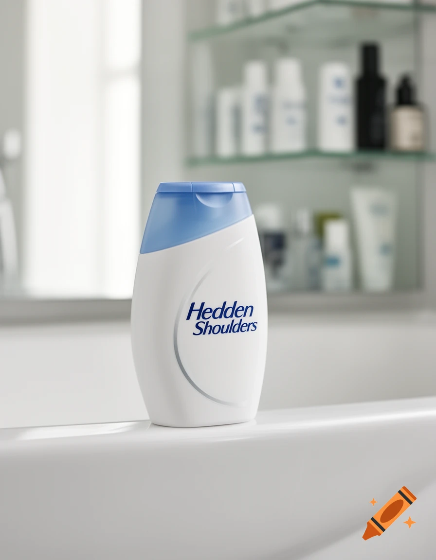 A white and blue Hedden Shoulders shampoo bottle on a white surface in a blurred bathroom.