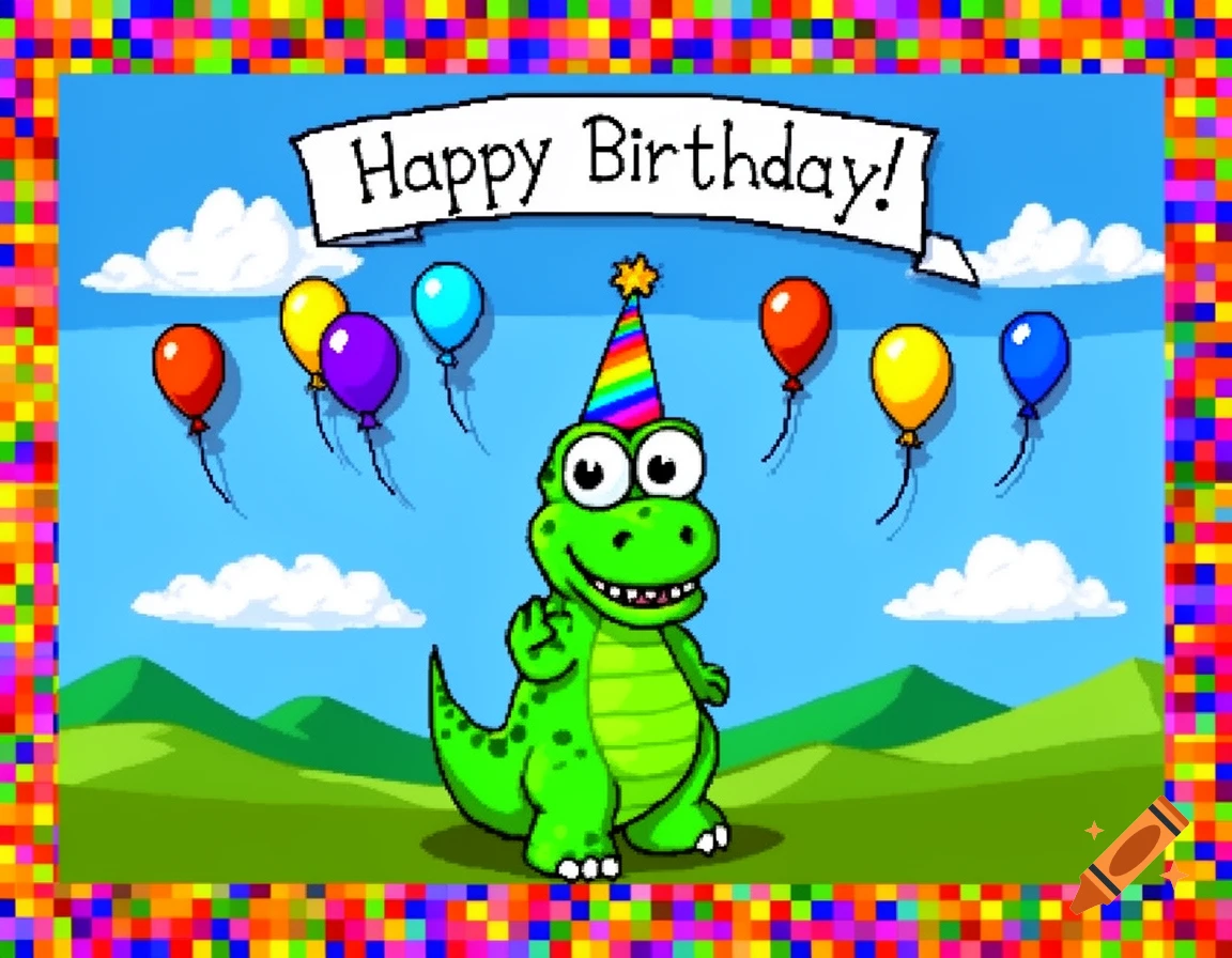 A cartoon green dinosaur in a rainbow party hat stands under a 'Happy Birthday!' banner with colorful balloons against a blue sky, within a pixelated border.
