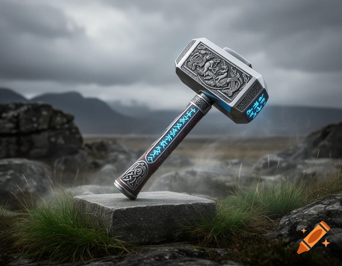 A photorealistic Mjölnir-like runic hammer with glowing blue runes rests on a stone slab in a rocky, grassy, overcast landscape with mountains in the background.