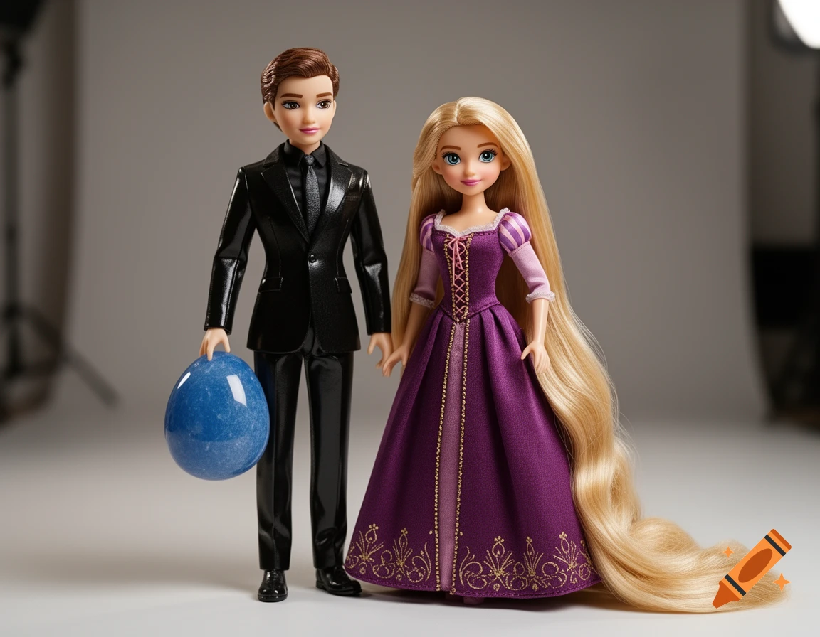 A photorealistic image of two dolls: Rapunzel in a purple dress and a male doll in a black suit holding a blue sphere.