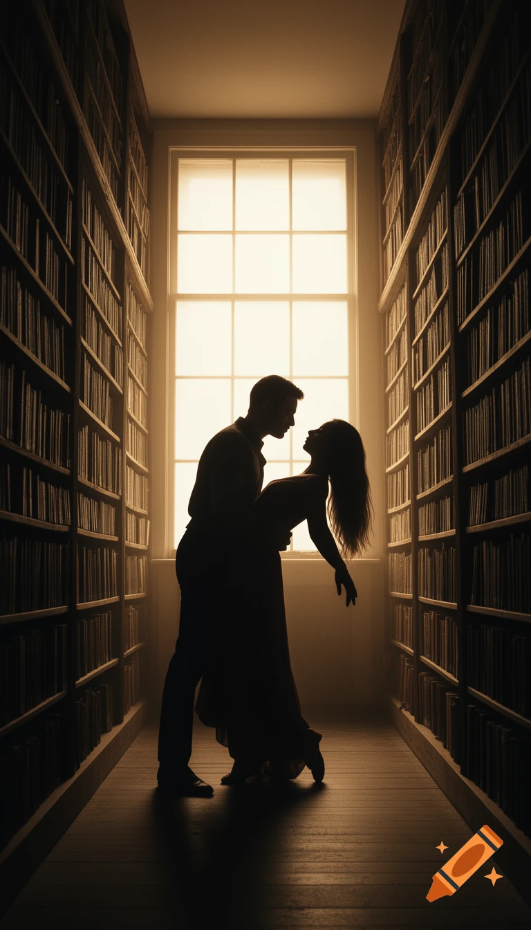 A romantic silhouette of a couple embracing in a library aisle, backlit by a bright window.